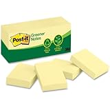 Post-it&reg; Notes, Original Pad, 1-3/8 inches x 1-7/8 inches, Recycled, Canary Yellow, 12 Pads per Pack