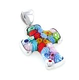 Anti-Tarnish Large Sterling Silver Multi Millefiori Cross Pendant