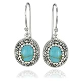 Sterling Silver Marcasite and Lab Created Turquoise Oval Drop Earrings