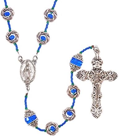 Heirloom Quality Oval Holy Blessed Virgin Mary Medal Vintage Design Pendant Rosary with 11.5 x 3 x 11mm Antique Silver Tibetan Style Alloy Donut and Capped Blue Round Faceted Transparent Glass Our Father Beads with Tibetan Style Ornate Crucufix Gift Boxed