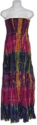 Strapless Cotton Full-Skirt Shirred Tiered Crinkled Empire   Waistline Tie Dye Print Maxi Dress 