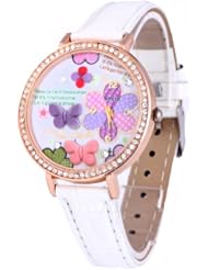 Sotijobs PU Leather Polymer Clay Rhinestone Butterfly Colorful Flower Womens Quartz Round Dial Wrist White