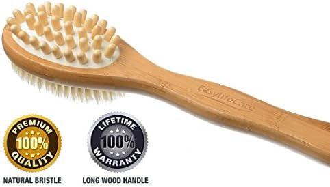 EasyLifeCare Healthy Beauty NATURAL BODY BRUSH - Improve Skin Texture and Blood Circulation Aid Lymphatic System with Ancient Efficient Glowing Skin Secret - Best Selling SPA BRUSH Polished Wooden Long Handle with Natural Bristles Head for Dry Skin Brushing and Nubbed Head for Cellulite Massage
