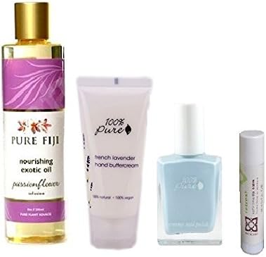 Stocking Stuffer - Pure Fiji Travel Size Exotic Oil Passionflower, 100% Pure French Lavender hand Cream and Cloud Nail Polish Includes a FREE Akhassa Free Lip Balm