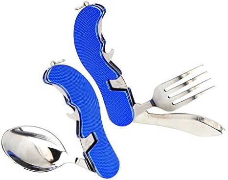 Prime Pocket Utensil | Foldable 1 Set of 2 Pcs (Spoon, Knife/fork, Bottle Opener) Strong Stainless Steel and Aluminum Portable Camping Kit, Dishwasher Series Vibrant Blue