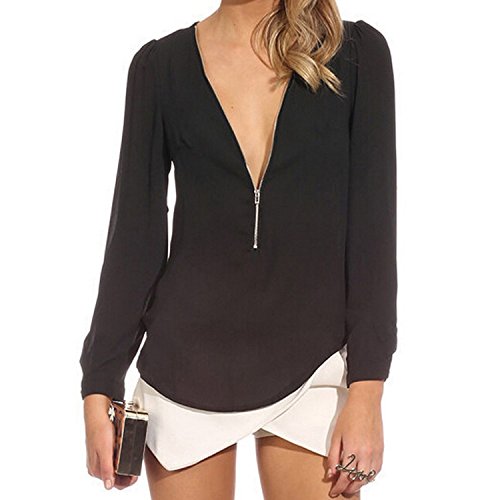 Amybria Women Blouses Fall V Neck Zipper Casual Shirts Chiffon Tops