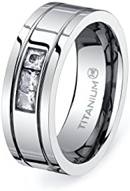 Titanium Rings Mens Wedding Band with 3 Brilliant Square CZ Diamond in Dual Offset Grooves