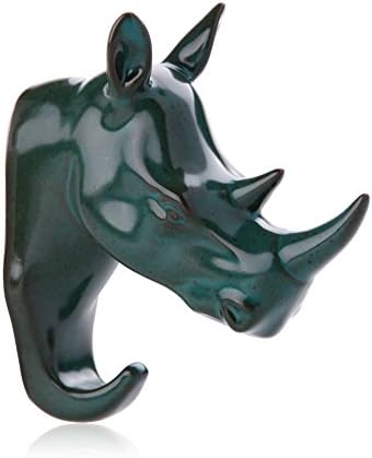 MioOOs® Handmade Ceramic Animal Head Wall Hanging Sculpture Hook, 100% Jingdezhen Craft Faux Animal Head Wall Mount Decor, Decorative Hooks (Green Rhinoceros)