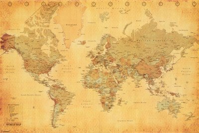 World Map (Vintage Style) Art Poster Print - 24x36 Poster Print, 36x24 Poster Print, 36x24