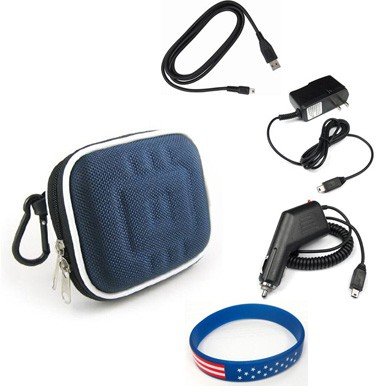 Garmin Nuvi 275T Accessory Bundle - Premium Nylon/ EVA Carrying Case (Blue) + Car Charger + Home Travel AC Charger + USB Data Cable + Free Stars Stripes Silicone Wristband