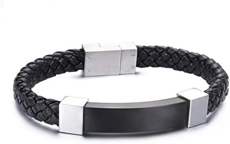 Braided Black Genuine Leather Bracelet with Stainless Steel Magnetic Clasp, Black Silver, Length 8.07"