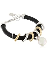 Majorica 14 mm White Round Pearl with Metal Rings on Leather Bracelet, 7"