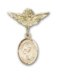 14K Gold Baby Badge with St. Philomena Charm and Angel with Wings Badge Pin