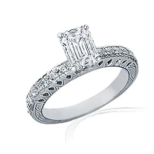 1.25 Ct Emerald Cut Diamond Engraved Engagement Ring Vintage Style Pave SI2 GIA