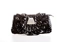 Black high gloss patent clutch bag handbag with large ruffle on front and diamante brooch