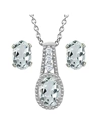 1.66 Ct Oval Sky Blue Aquamarine 14K White Gold Pendant Earrings Set