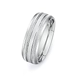 14ct White Gold Custom Made 7.5 mm Comfort Fit Dome Wedding Band, w/ Ribbed Stripes & Beveled Edges