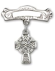 Sterling Silver Baby Badge with Celtic Cross Charm and Arched Polished Badge Pin