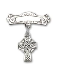 Sterling Silver Baby Badge with Celtic Cross Charm and Arched Polished Badge Pin