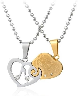 Stainless Steel Couple Music Note Lovers Pendant Necklace Set His and Hers w/ Crystal CZ Rhinestone Jewelry. FREE CHAIN NECKLACES INCLUDED.