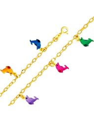 14K Yellow Gold Dolphin Enamel Baby Bracelet with Spring-ring Clasp - 6" Inches