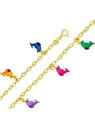 14K Yellow Gold Dolphin Enamel Baby Bracelet with Spring-ring Clasp - 6" Inches