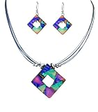 Sterling Silver Dichroic Glass Blue and Purple Hollow Diamond-Shaped Necklace and Earrings Set, 18