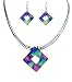 Sterling Silver Dichroic Glass Blue and Purple Hollow Diamond-Shaped Necklace and Earrings Set, 18"