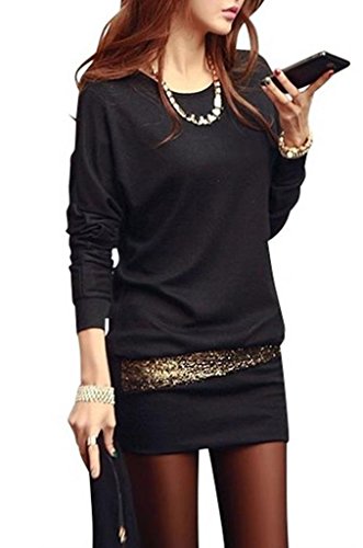 (ドチィン)DaoCheng レディース 春秋 無地 長袖 チュニック 大人 セクシー とろみシャツ エレガント バットシャツ ミニ 丈 スカート付き フェミニン プル オーバー セクシーボディコンワンピース ブラック ホワイト