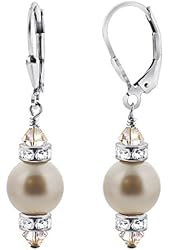 Sterling Silver White Pearl Crystal 1.5 inch Leverback Drop Earrings Made with Swarovski Elements