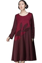 High-Low-Hem Long Sleeves Polyester/Wool Round Neck Applique  Dress