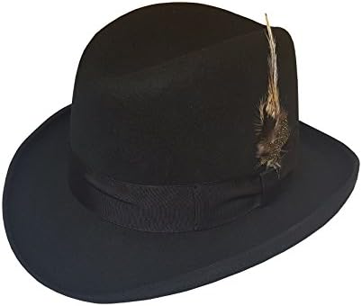 Men's 100% Wool Felt Derby Godfather Homburg Pimp MOB Feather Fedora Hats (S, Black)