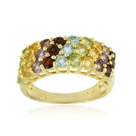 18K gold over Sterling Silver 3 Row Multi Gemstone Wedding Band Ring