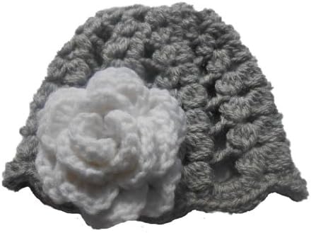 Sweet Lullabiez Handmade Gray Elegant Shells Beanie with White Flower/ Hat Size 2T-3T