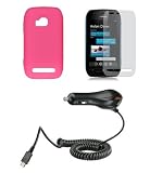 Nokia Lumia 710 (T-Mobile) Premium Combo Pack - Pink Silicone Soft Skin Case Cover + Atom LED Keychain Light + Screen Protector + Car Charger