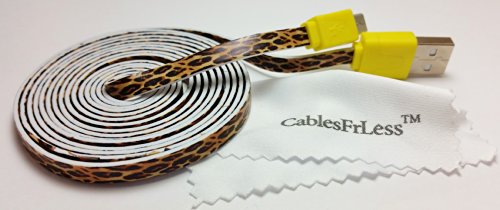 10ft (10 feet 10') Tangle Free Noodle Style Micro B USB Charging / Data Sync Cable fits Android Samsung Galaxy HTC LG Pantech Blackberry Motorola Sony ZTE (Leopard Fur)