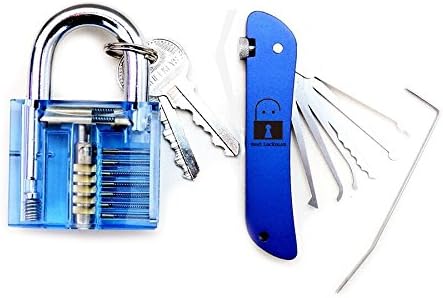 BestLock Man Latest Blue Portable Folding Quick Openers Jackknife Single Hook Picks Lock Locksmith Padlock Tools Set + Blue transparent Practice Padlocks