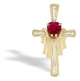 14K Yellow Gold Genuine Heart Ruby and Diamond Cross Pendant