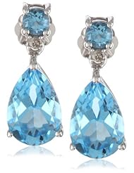 10k White Gold Blue Topaz Pear-Shaped Drop Earrings with Diamond Accent