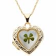 14K Gold Four leaf clover Mother of Pearl Heart Shaped Locket with 14k Chain Necklace