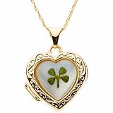 14K Gold Four leaf clover Mother of Pearl Heart Shaped Locket with 14k Chain Necklace