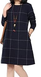 Long Sleeves Cotton Short Round Neck Plaid Print Party Dress/Midi Dress 