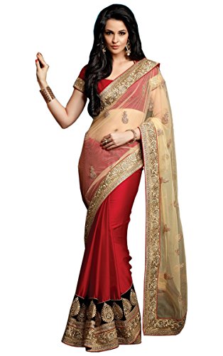 Beige Red Party Wear Embroidery Lace Booti Work Satin Net Sari