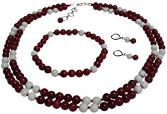 Two Red Coral and White Mother of Pearl Two Strand Necklace With Bracelet and Earrings