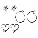 Sterling Silver Three Pair Of Star With Pink Crystal Floating Heart And Hoop Earring Set