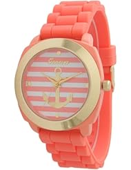 Womens Geneva Striped Anchor Style Silicone Watch - Coral