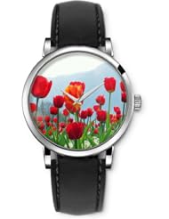 SPRAWL Aanalog Fashion Series Silver Ladies Watches of Genuine Black Leather Strap,Unique Wrist Watch for Women Girls Designed with red tulips