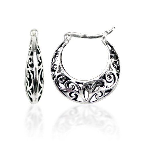 Sterling Silver Bali Inspired Filigree Round Hoop Earrings