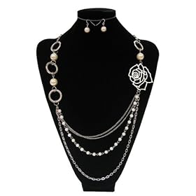 Silver and Gold Toned Long Fashion Necklace with Flower + Free Matching Earrings