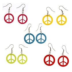 Set of 6 Peace Sign Earrings - Acrylic 1 Inch Diameter - Blue, Green, Pink, Red, White, Yellow